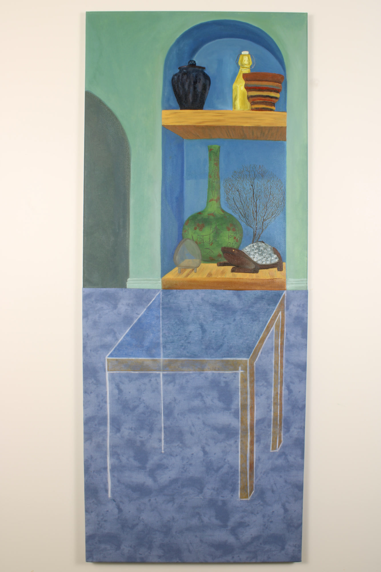 Mixed-media painting, Adorned, depicting a vertical chair silhouette in muted blue, sage green, and cream with visible pencil lines and sewn fabric panels.