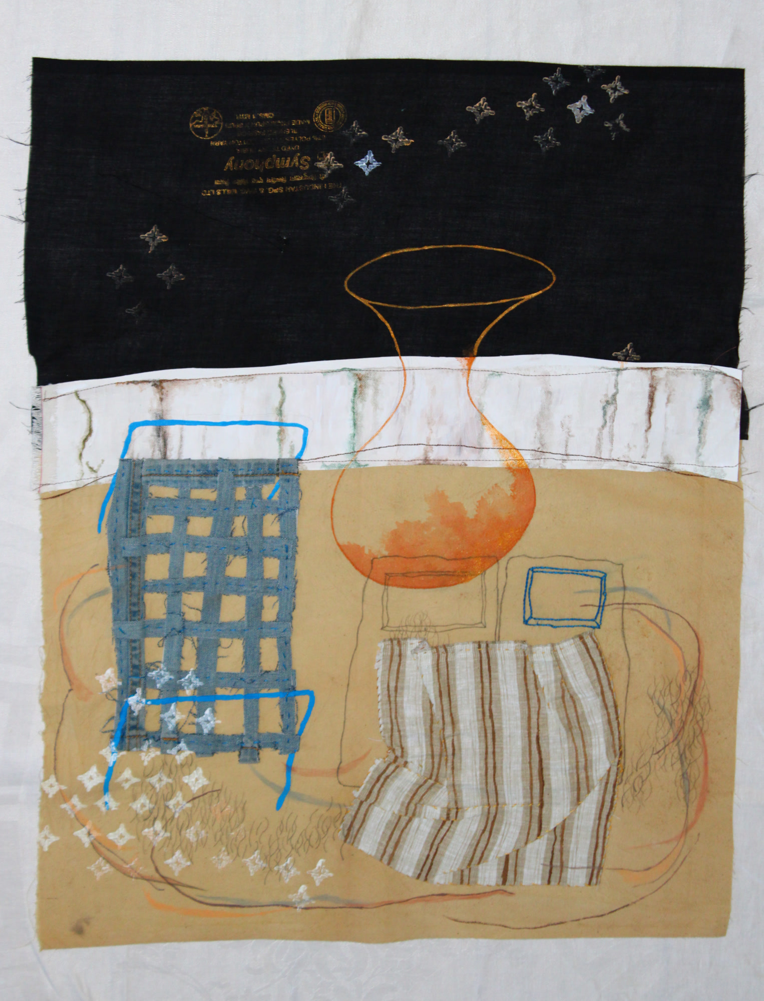 Mixed-media drawing on fabric, Some blame the air conditioning, featuring graphite chair contours, stitched dark thread, and beige and olive fabric accents.