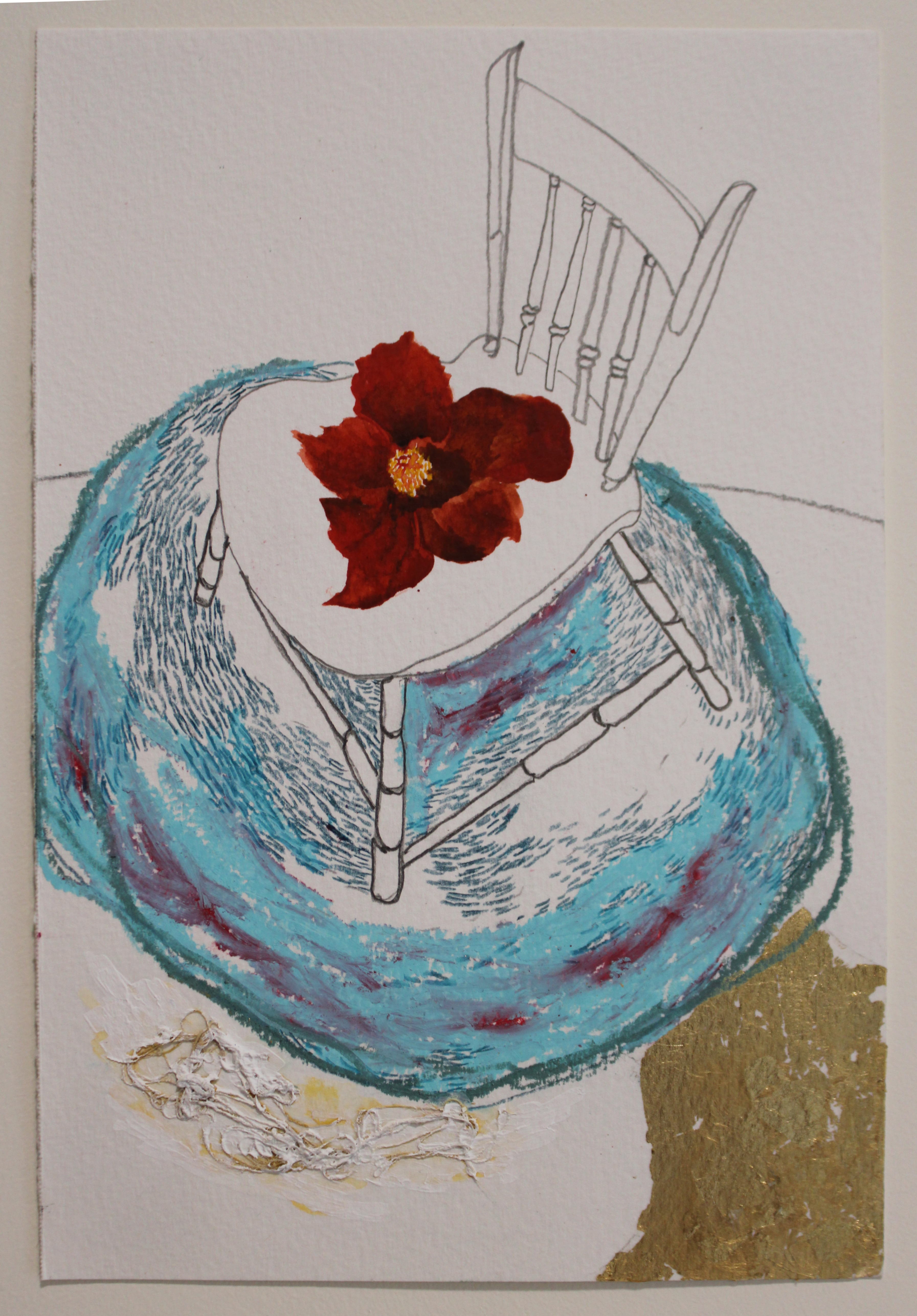 Mixed-media drawing, Nurture, featuring watercolor, color pencil, graphite, stitched thread, and gold leaf on cold pressed watercolor paper.
