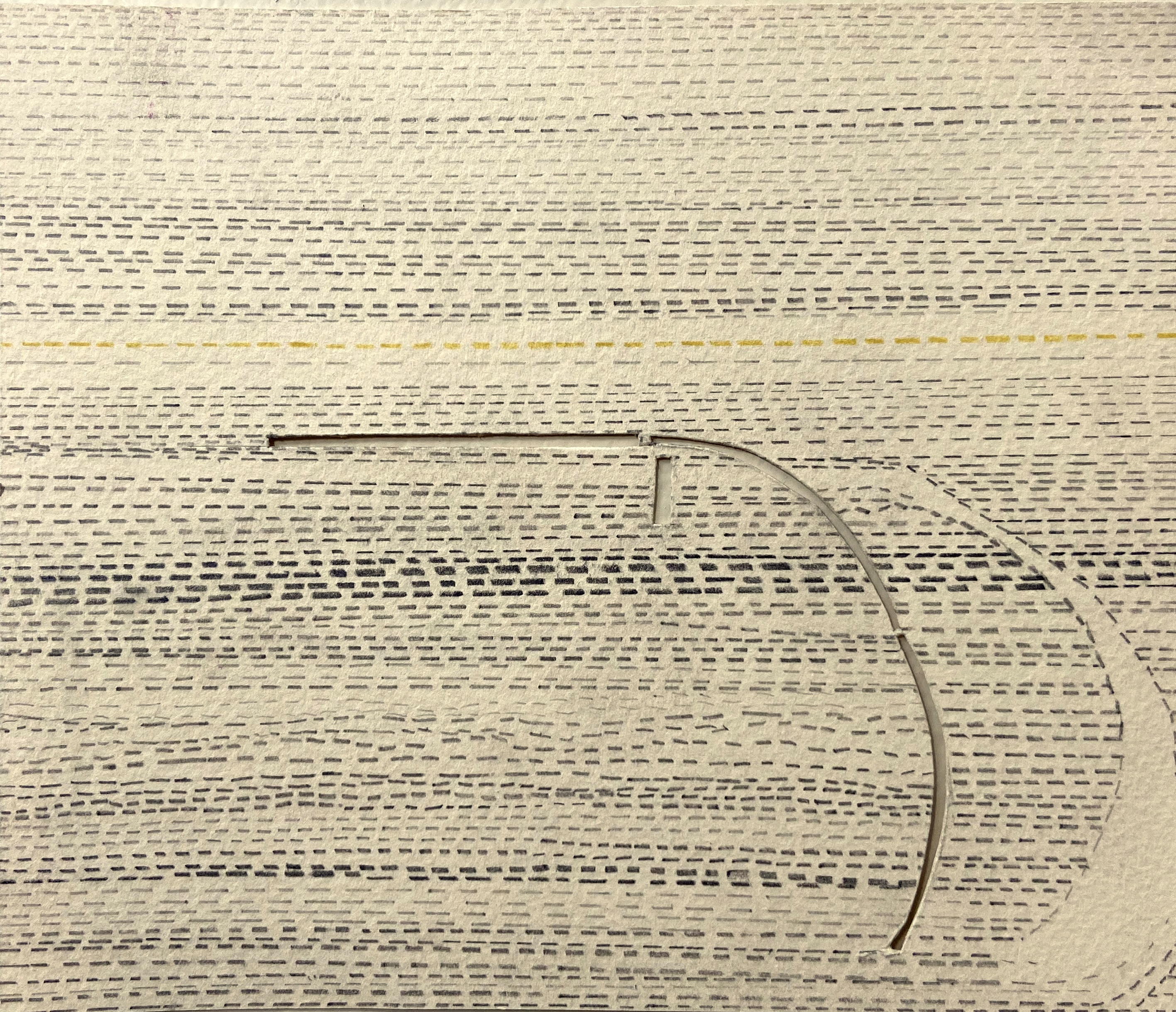 Work on paper with subtle tonal gradations and stitched details.