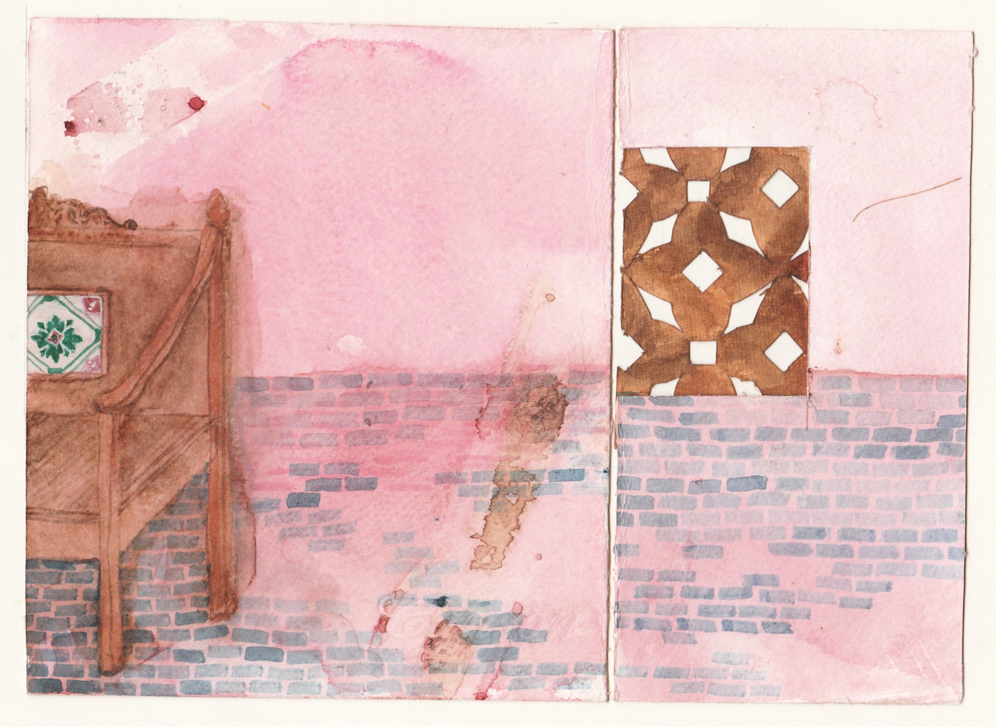 Study on paper with dynamic linear marks and washed pigments.