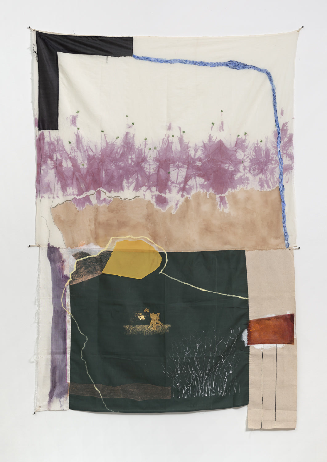 Dyed fabric painting, Between the Spaces – Through the Frame, composed of geometric rectangular color fields in sage, rose, and amber with gold leaf highlights.