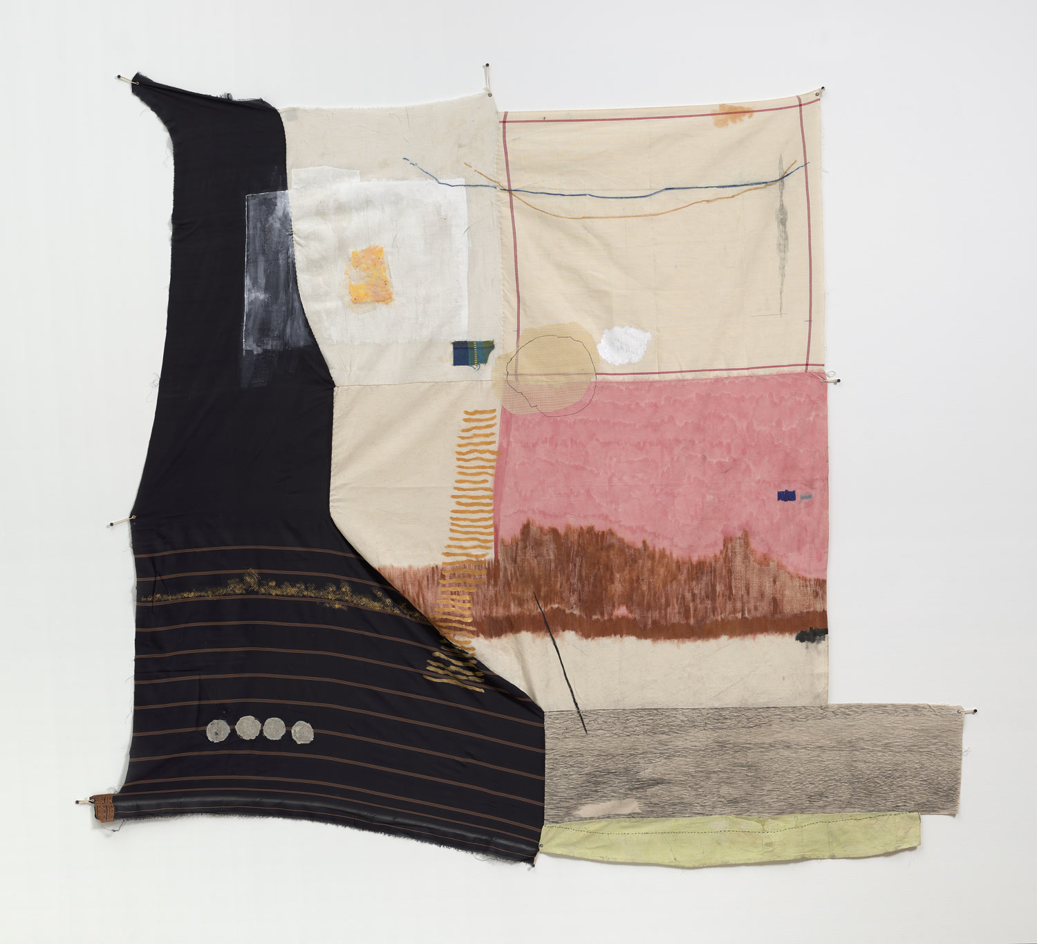 Textile painting, Outside In, showing broad washes of red geru pigment, charcoal shading, and sewn patches across a large neutral fabric surface.