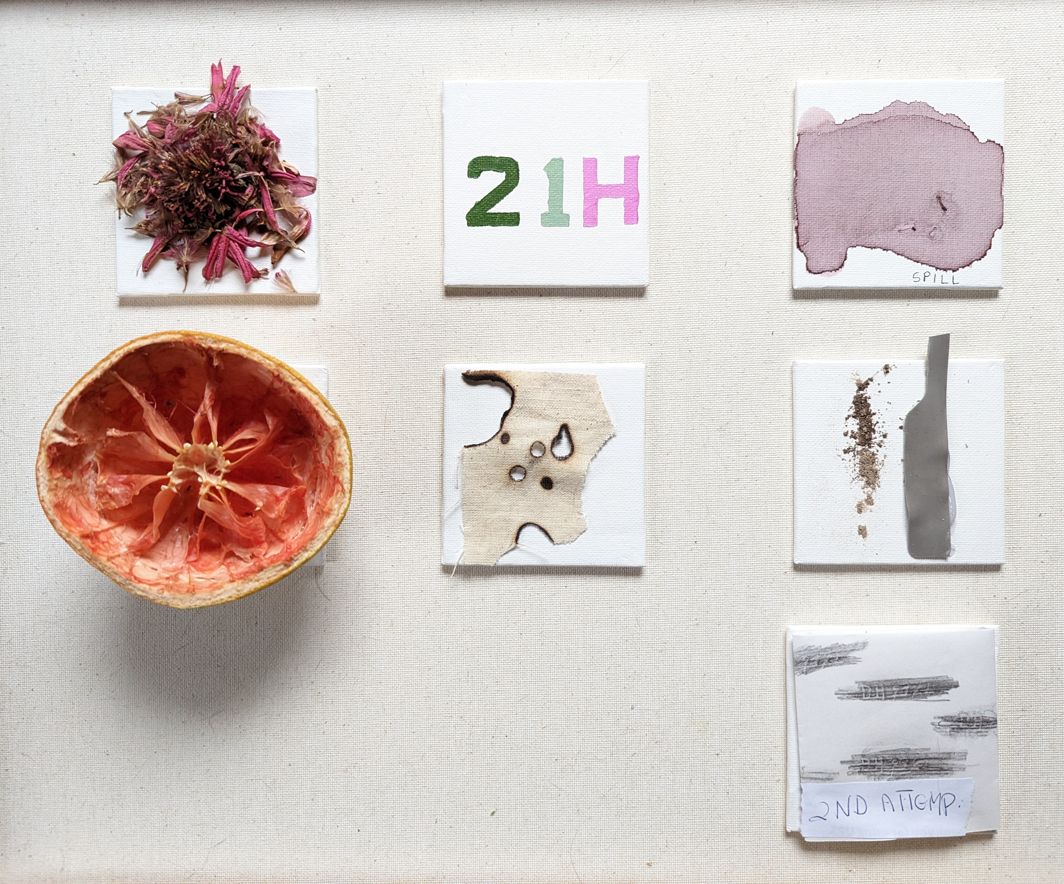 Grid of 6 assemblages laid flat on white linen: dried pink flower heads, embroidered letters '21H', mauve watercolor wash labeled 'SPILL', halved dried grapefruit revealing coral interior, torn beige cotton with burn holes, earth powder with silver strip, and graphite brush strokes labeled '2ND ATTEMPT'.