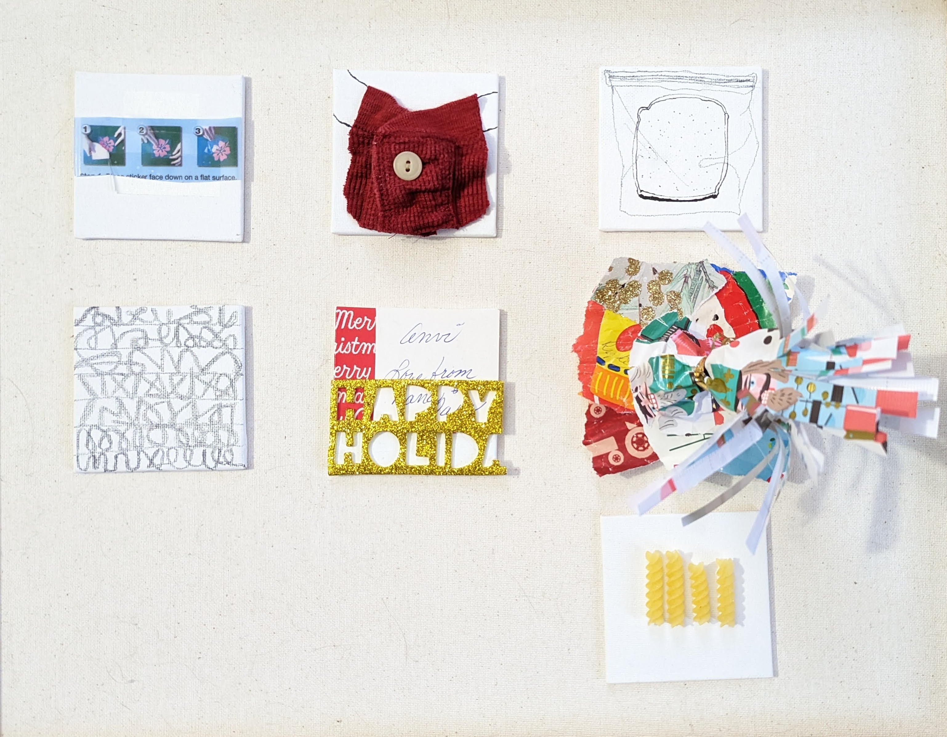 Grid of 6 assemblages on white linen: teal painted button labeled 'PORTABELLA', worn joker playing card with burned edges, wagon wheel pasta shapes in a horseshoe with pastel scribbles, blue oval stitching with prescription sticker strip, tied white cloth parcel, coiled twine labeled 'Abstract design in Fur', and a rolled ceramic tube form.